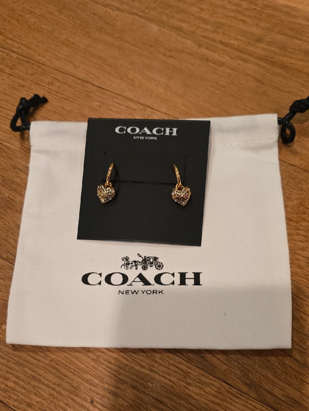 COACH Gold Tone Drop Heart Earrings & Dustbag - Picture 4 of 4